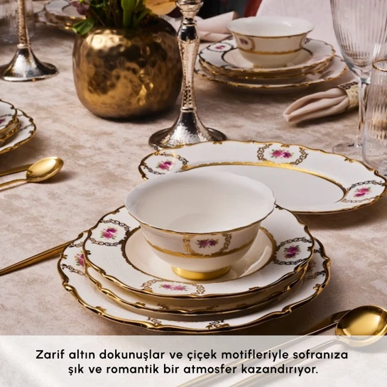 Karaca Royal Bone Elizabeth 55 Parça 12 Kişilik Yemek Takımı Gold 