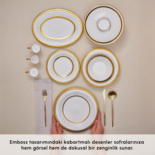 Karaca Royal Bone Victoria 55 Parça 12 Kişilik Yemek Takımı Gold 