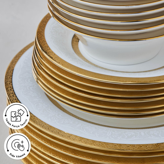 Karaca Royal Bone Victoria 55 Parça 12 Kişilik Yemek Takımı Gold 