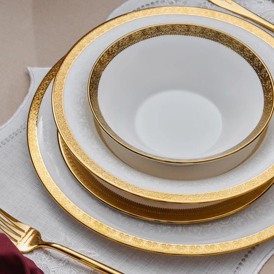 Karaca Royal Bone Victoria 55 Parça 12 Kişilik Yemek Takımı Gold 