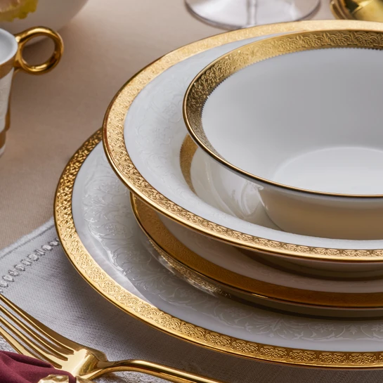 Karaca Royal Bone Victoria 55 Parça 12 Kişilik Yemek Takımı Gold 