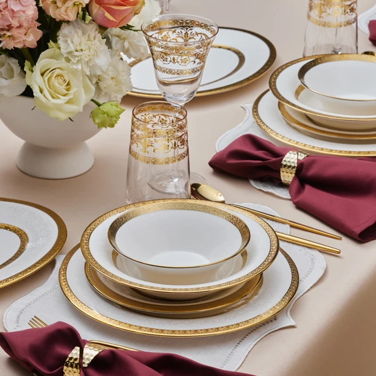 Karaca Royal Bone Victoria 55 Parça 12 Kişilik Yemek Takımı Gold 