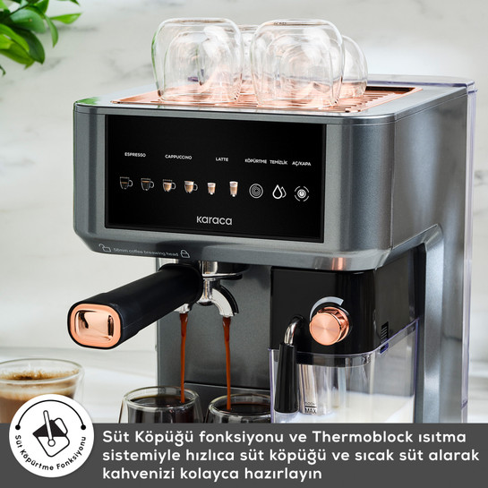 Karaca MyCaffe Barista S10 Entegre Süt Hazneli, Espresso, Latte ve Cappuccino Makinesi Copper