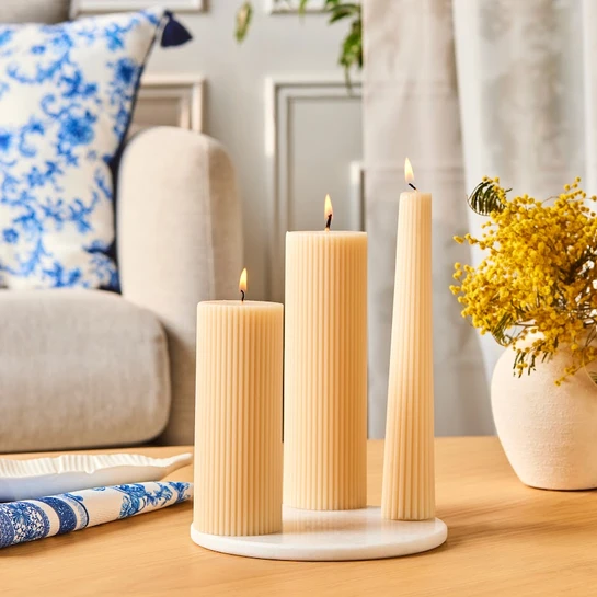 Karaca Striped Tırtıklı Sütun Mum 20 cm Bej