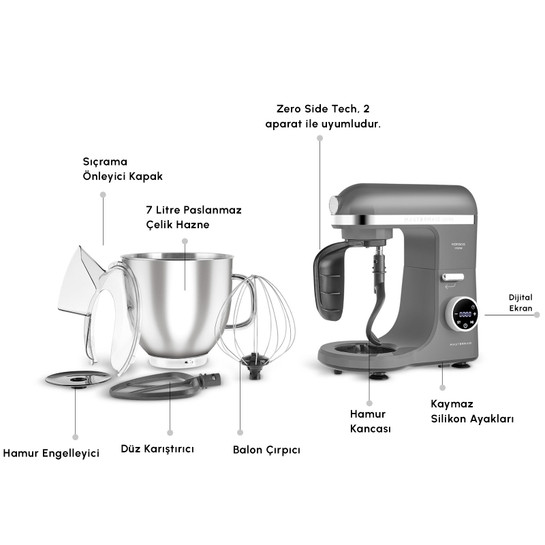 Karaca Mastermaid Chef Ultra D2000W Dijital Ekranlı Hamur Yoğurma Makinesi Galaxy Grey 7L 