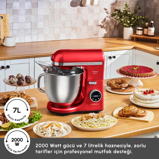Karaca Mastermaid Chef Ultra D2000W Dijital Ekranlı Hamur Yoğurma Makinesi Imperial Red 7L 