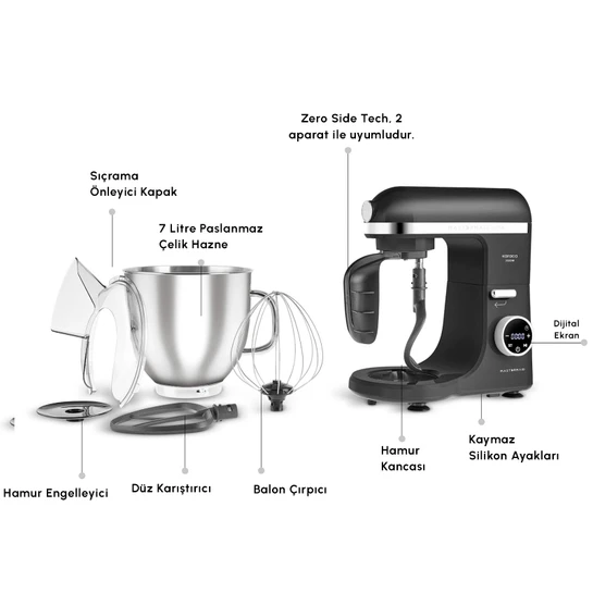 Karaca Mastermaid Chef Ultra D2000W Dijital Ekranlı Hamur Yoğurma Makinesi Matte Black 7L