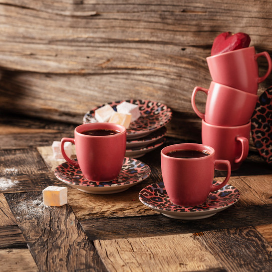 Apricot Leopar Pembe 6 Kişilik Kahve Fincan Takımı