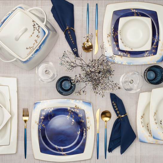 Karaca Fine Bone Blue Blush 60 Parça 12 Kişilik Yemek Takımı Kare