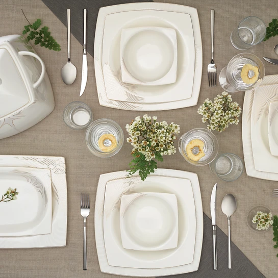 Karaca Fine Bone New Together Alone Gold 12 Kişilik 60 Parça Kare Yemek Takımı