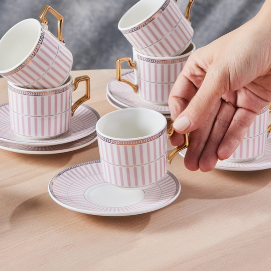  Karaca Jolly Pink Thin Line  6 Kişilik Kahve Fincan Takımı 100 ml
