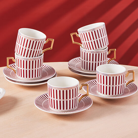 Karaca Jolly Red Double Line 6 Kişilik Kahve Fincan Takımı 100 ml