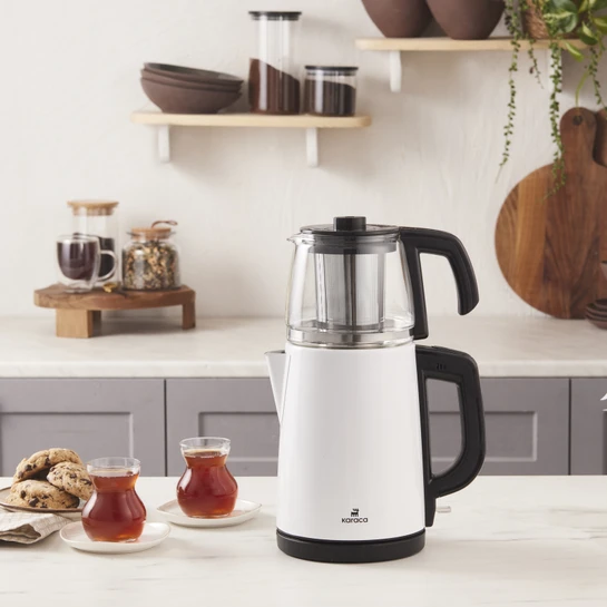 Karaca Tea Glass 2 in 1 Çelik Çay Makinesi ve Kettle White