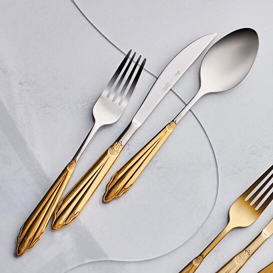 Karaca Mantilla 84 Parça 12 Kişilik Alt Desenli Gold Kutulu Çatal Kaşık Bıçak Takımı