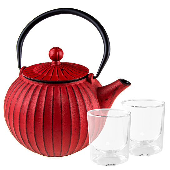 Jumbo Dublin Döküm Demlik Kırmızı + 2'li Double Wall Bardak 280 ml