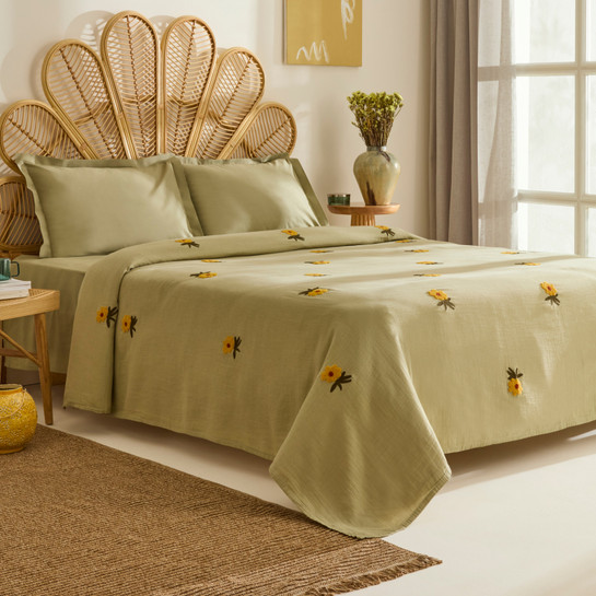 Karaca Home Sunflower %100 Pamuk Müslin Çift Kişilik Pike Takımı Adaçayı 