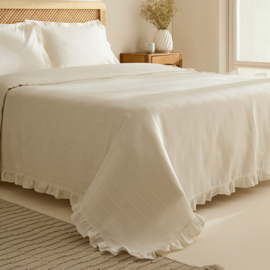 Karaca Home Maye %100 Pamuk Fırfırlı Çift Kişilik Tek Pike Beyaz  