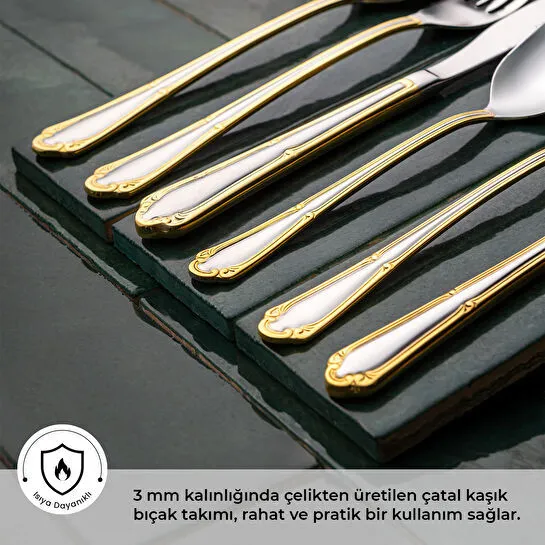 Emsan Elegance Göksu Gold 84 Parça 12 Kişilik Lüks Kutulu Çatal Kaşık Bıçak Seti
