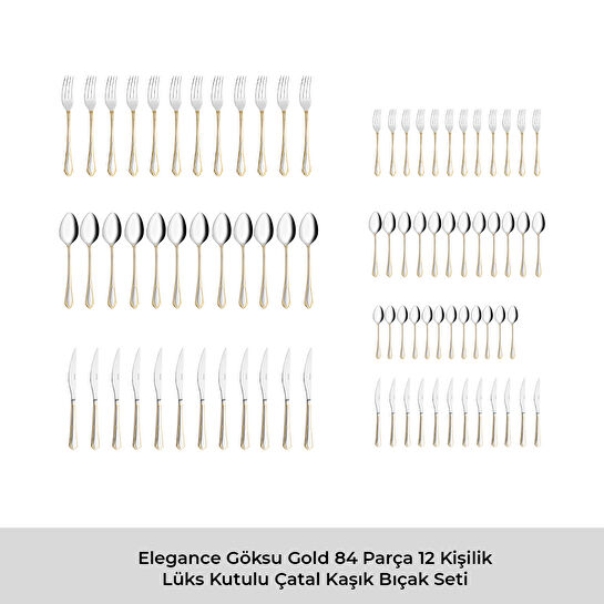 Emsan Elegance Göksu Gold 84 Parça 12 Kişilik Lüks Kutulu Çatal Kaşık Bıçak Seti