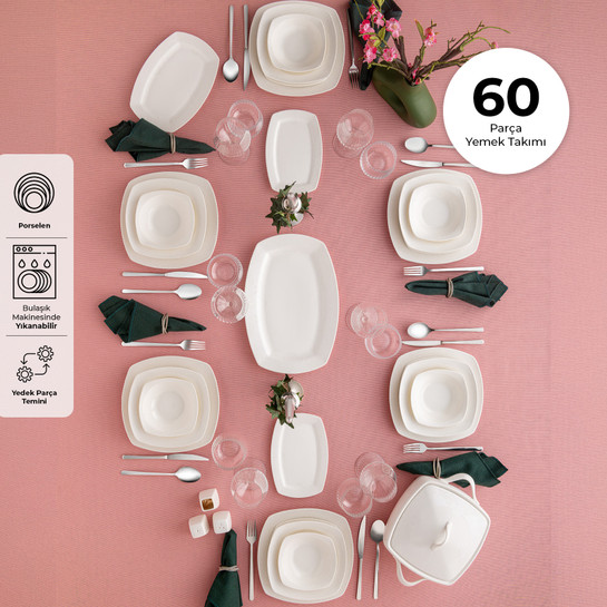 Emsan Bone Yeni Begonya 12 Kişilik Yemek Takımı 60 Parça Yarım Kare