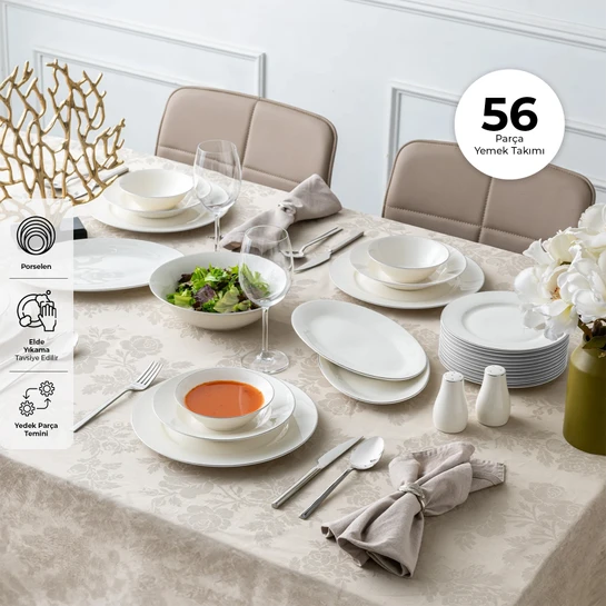 Emsan New Bone Frezya 56 Parça 12 Kişilik Yuvarlak Yemek Takımı Platin