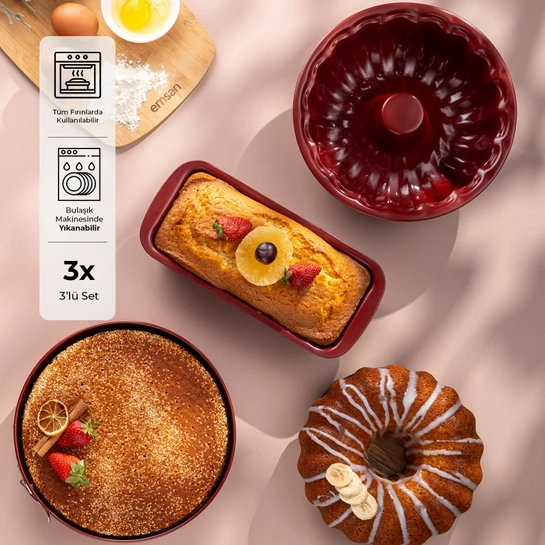 Emsan Wellbake 3'lü Kek Kalıbı Seti Bordo