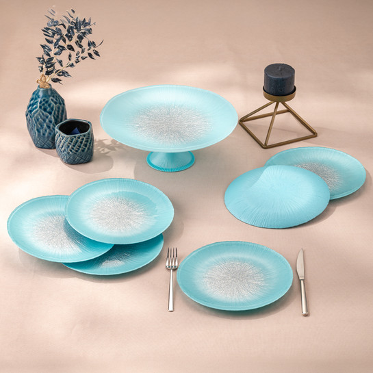 Emsan Pastel 7 Parça Cam Pasta / Tatlı Seti Mavi