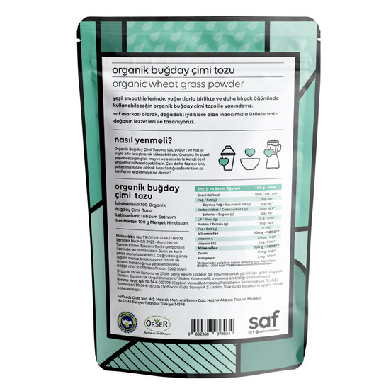 SAF NUTRITION ORGANİK BUĞDAY ÇİMİ TOZU 100 G