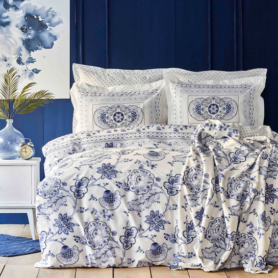 Karaca Home Amar Mavi %100 Pamuk Çift Kişilik Nevresim Pike Set