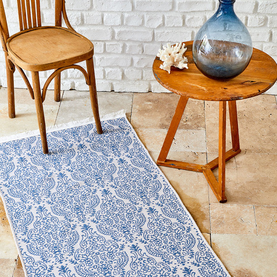 Karaca Home Bej Lacivert Çift Taraflı Kilim