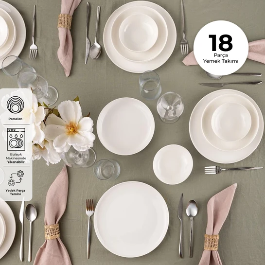 İstanbul Porselen Sade 18 Parça 6 Kişilik Yemek Takımı