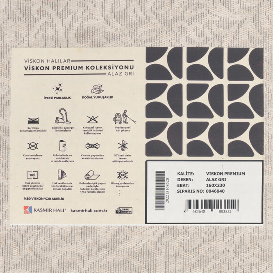 Kaşmir Halı Viskon Premium Alaz Gri 240x340 cm