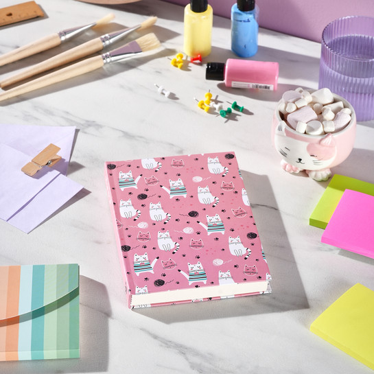 Karaca Container Pembe Kedi 96 Yaprak Çizgili Sert Kapak Defter