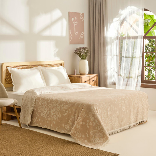 Kaşmir Home Grasy Çift Kişilik Jakar Müslin Pike Bej