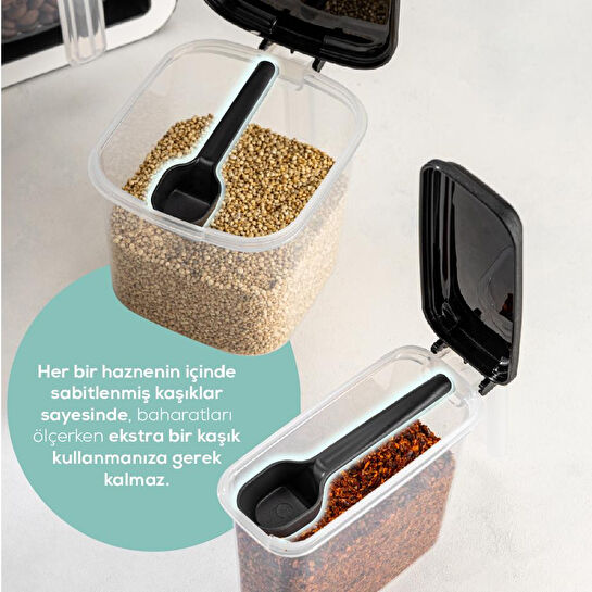 Vienev Beyaz Serigrafi Etiketli 9'lu Standlı Kendinden Yapışkanlı Kaşıklı Baharatlık Seti Antrasit