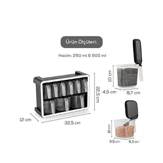 Vienev Beyaz Serigrafi Etiketli 9'lu Standlı Kendinden Yapışkanlı Kaşıklı Baharatlık Seti Antrasit