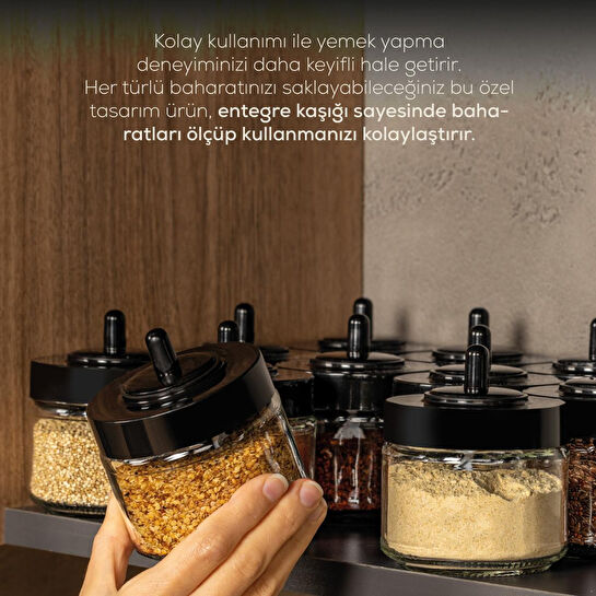 Vienev Siyah Serigrafi Etiketli 12 Adet Kapağı Kendinden Kaşıklı Baharatlık Seti Kısa