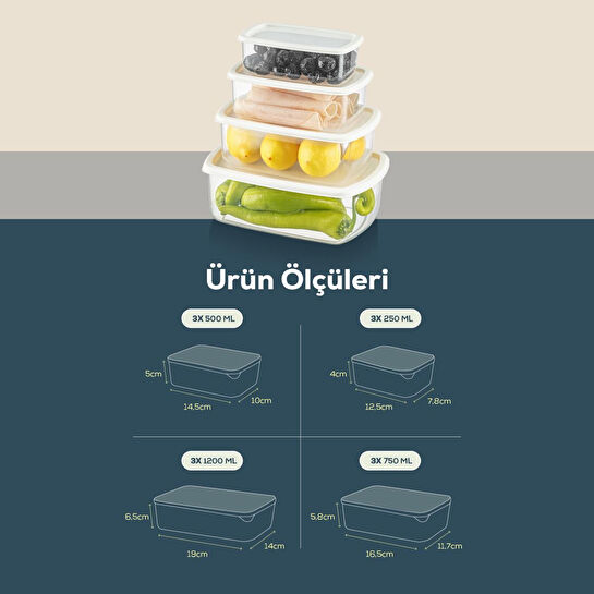 Vienev 12'li Hava Geçirmez Saklama Kabı Seti Gri 3x(250-500-750-1200 Ml)