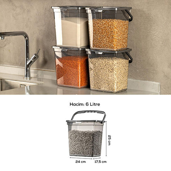 Vienev 4 Adet Kare Un Bakliyat Kabı 6 Litre - Kulplu Deterjanlık Saklama Kutusu Kabı Antrasit