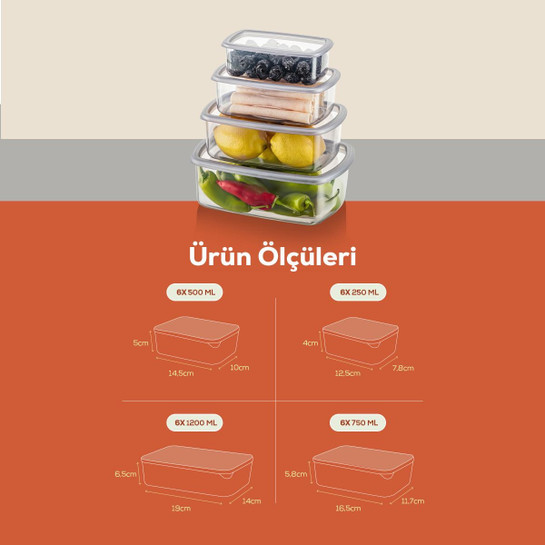Vienev 24'lü Hava Geçirmez Saklama Kabı Seti Gri 6x(250-500-750-1200 Ml)