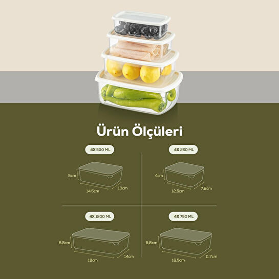 Vienev 16'lı Hava Geçirmez Saklama Kabı Seti Gri 4x(250-500-750-1200 Ml)