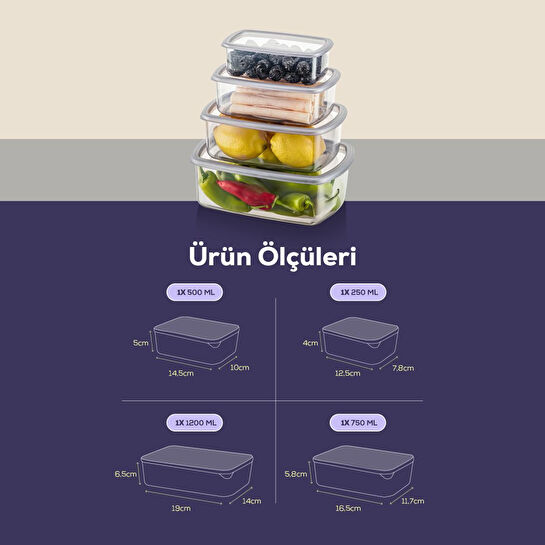 Vienev 4'lü Hava Geçirmez Saklama Kabı Seti Antrasit 1x(250-500-750-1200 Ml)