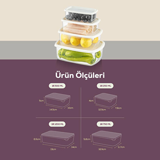 Vienev 4'lü Hava Geçirmez Saklama Kabı Seti Gri 1x(250-500-750-1200 Ml)