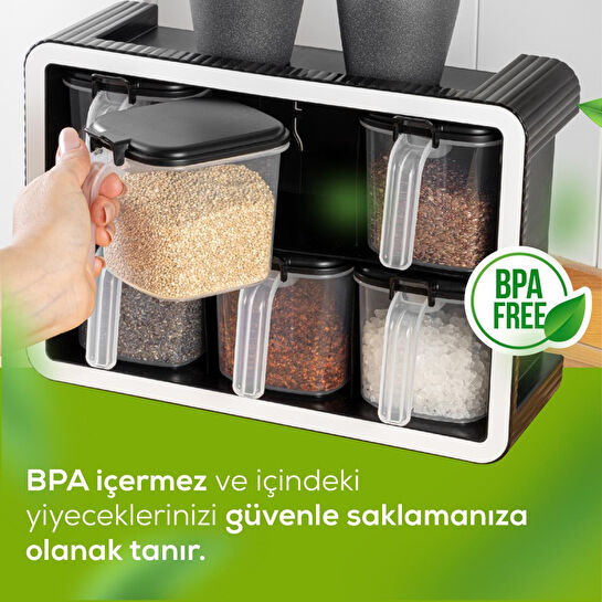 Vienev Beyaz Serigrafi Etiketli 6'lı 500 Ml Standlı Kendinden Yapışkanlı Kaşıklı Baharatlık Seti Siyah