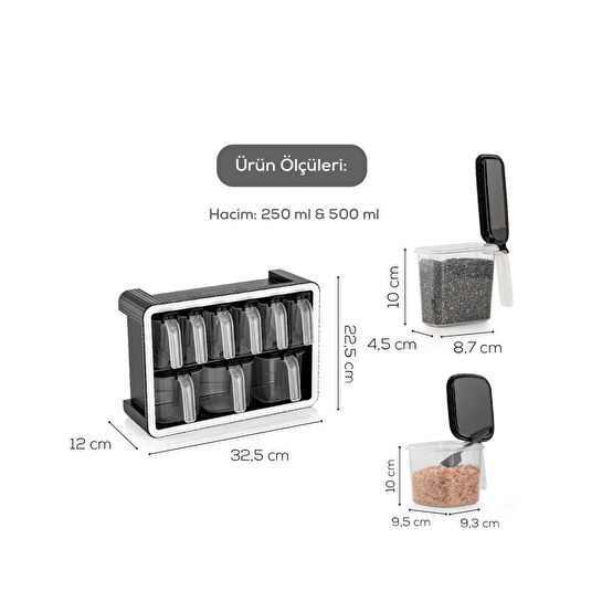 Vienev Beyaz Serigrafi Etiketli 12'li 250 Ml Standlı Kendinden Yapışkanlı Kaşıklı Baharatlık Seti Siyah