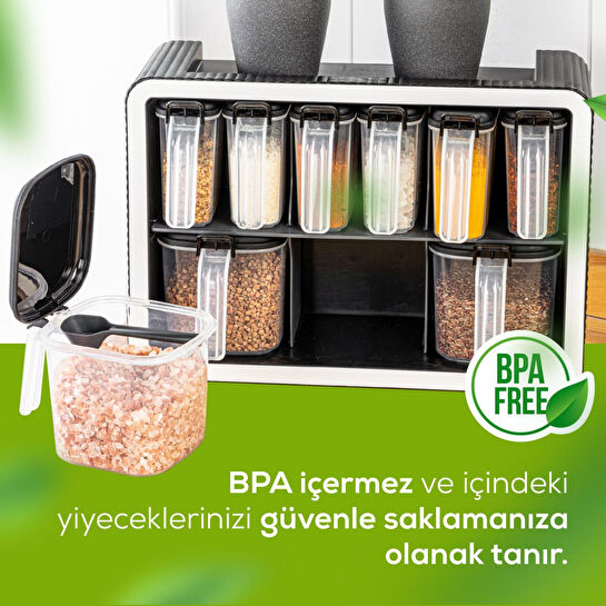 Vienev Beyaz Serigrafi Etiketli 12'li 250 Ml Standlı Kendinden Yapışkanlı Kaşıklı Baharatlık Seti Siyah