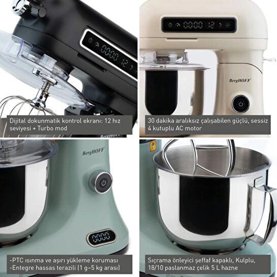 Berghoff Gem Retro 5 L Stand Mikser – 1600 W, Dayanıklı Döküm Alüminyum Gövde | Siyah