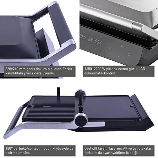 Berghoff Gem Titan Dijital Izgara & Tost Makinesi – 2000 W, 330×240 mm, LCD Dokunmatik Kontrol | Gümüş