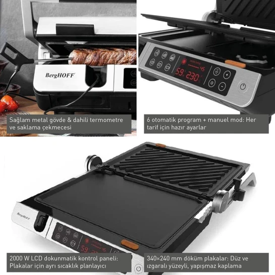 Berghoff Gem Titan Izgara & Tost Makinesi – 2000 W, 340×240 mm, LCD Dokunmatik Kontrol
