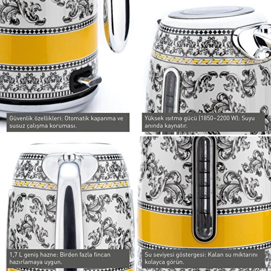 Berghoff Gem Royal Margery 1.7 Litre Sari Siyah Desenli Su Isiticisi